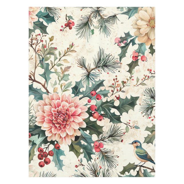 Rustic Bird and Poinsettia Christmas Pattern (11) Tablecloth (Front)