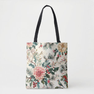 Rustic Bird and Poinsettia Christmas Pattern (11) Tote Bag