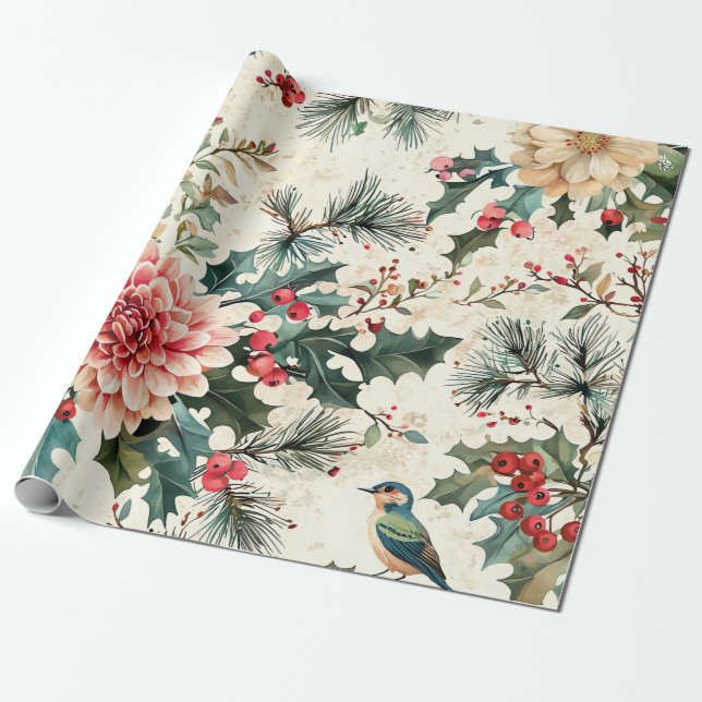 Rustic Bird and Poinsettia Christmas Pattern (11) Wrapping Paper (Unrolled)