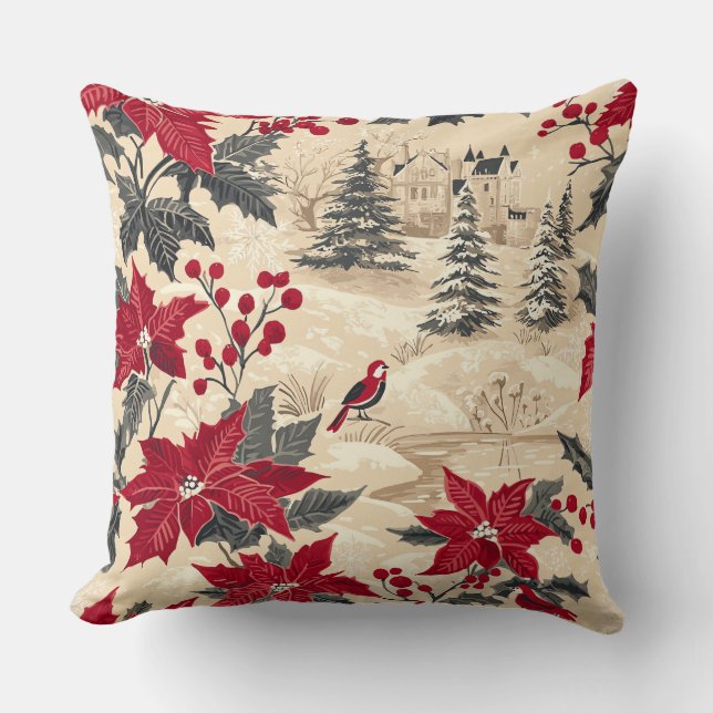 Rustic Bird and Poinsettia Christmas Pattern (12) Cushion (Front)