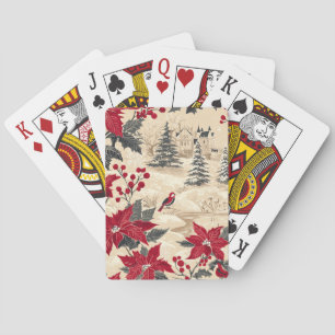 Rustic Bird and Poinsettia Christmas Pattern (12) Playing Cards