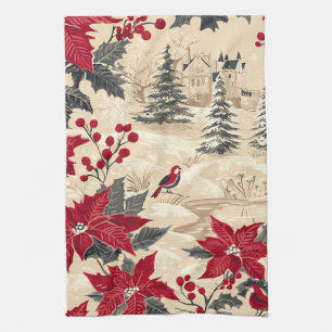 Rustic Bird and Poinsettia Christmas Pattern (12) Tea Towel