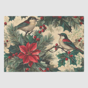 Rustic Bird and Poinsettia Christmas Pattern (12) Tissue Paper