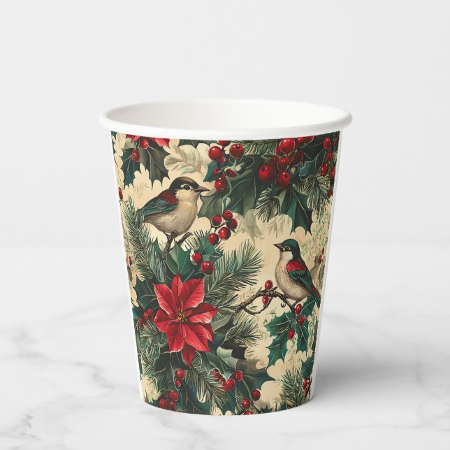 Rustic Bird and Poinsettia Christmas Pattern (13) Paper Cups (Back)