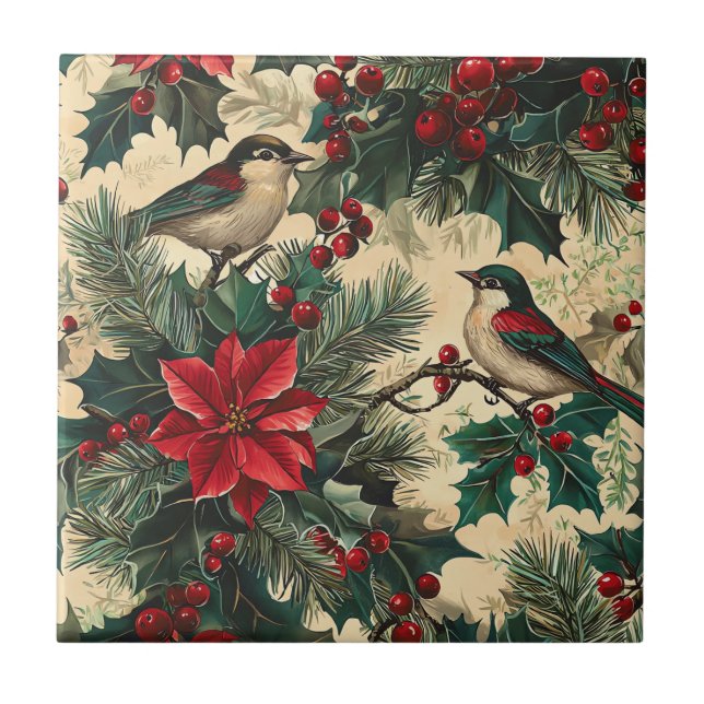Rustic Bird and Poinsettia Christmas Pattern (13)  Tile (Front)