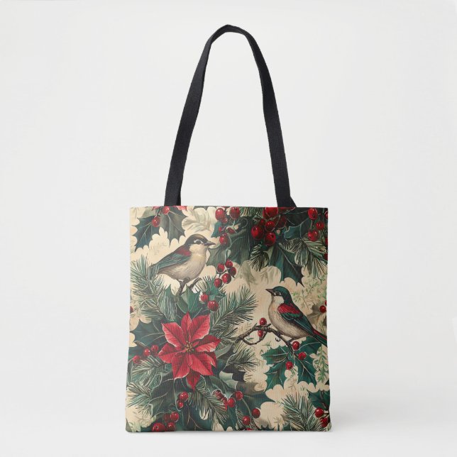 Rustic Bird and Poinsettia Christmas Pattern (13) Tote Bag (Front)