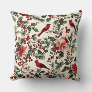 Rustic Bird and Poinsettia Christmas Pattern (14) Cushion