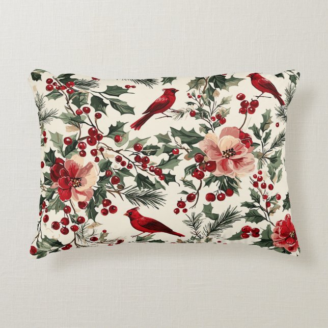 Rustic Bird and Poinsettia Christmas Pattern (14) Decorative Cushion (Front)