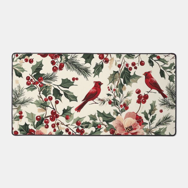 Rustic Bird and Poinsettia Christmas Pattern (14) Desk Mat (Front)