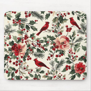 Rustic Bird and Poinsettia Christmas Pattern (14) Mouse Pad