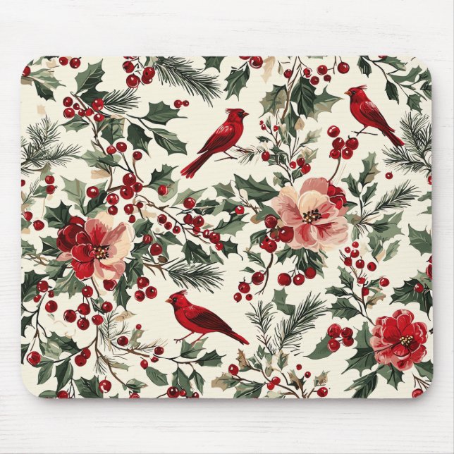 Rustic Bird and Poinsettia Christmas Pattern (14) Mouse Pad (Front)