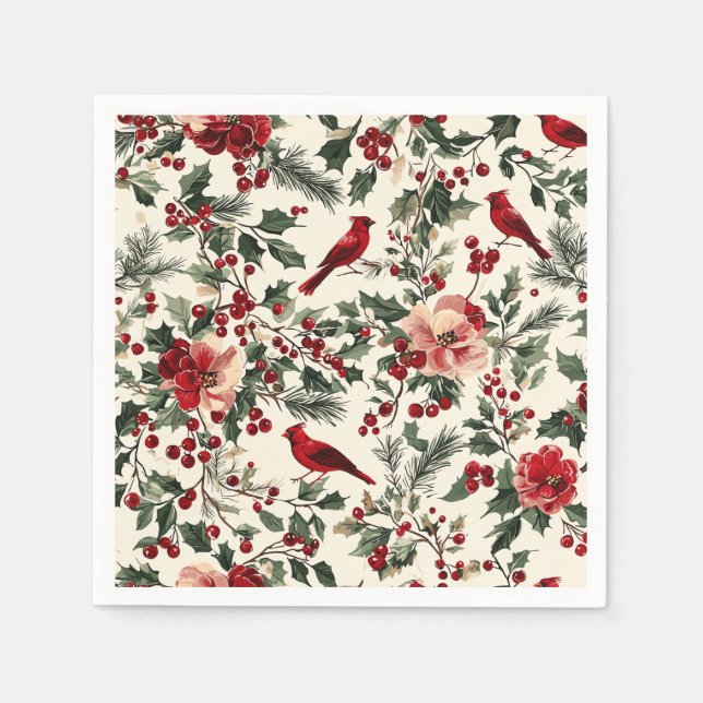 Rustic Bird and Poinsettia Christmas Pattern (14) Napkin (Front)