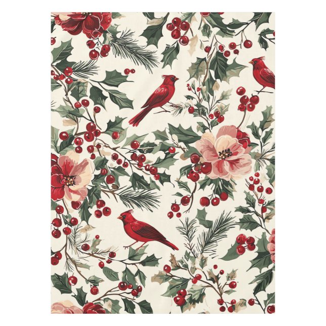 Rustic Bird and Poinsettia Christmas Pattern (14) Tablecloth (Front)