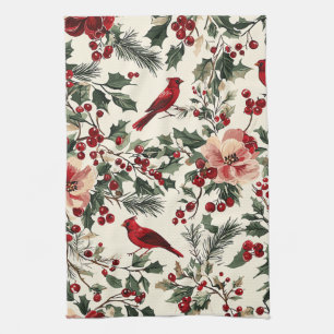 Rustic Bird and Poinsettia Christmas Pattern (14) Tea Towel