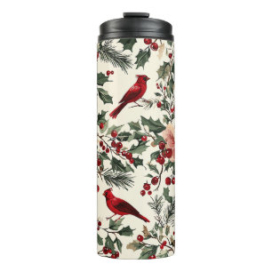 Rustic Bird and Poinsettia Christmas Pattern (14) Thermal Tumbler