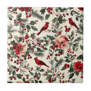Rustic Bird and Poinsettia Christmas Pattern (14) Tile