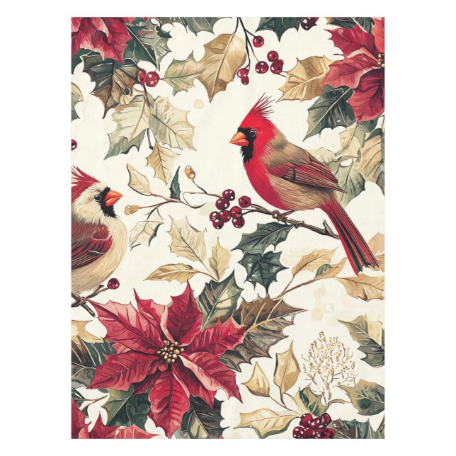 Rustic Bird and Poinsettia Christmas Pattern (15) Tablecloth (Front)