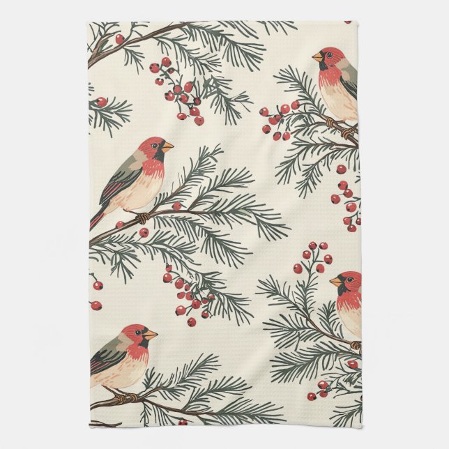 Rustic Bird and Poinsettia Christmas Pattern (16) Tea Towel (Vertical)