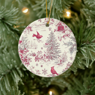 Rustic Bird and Poinsettia Christmas Pattern (17) Ceramic Tree Decoration