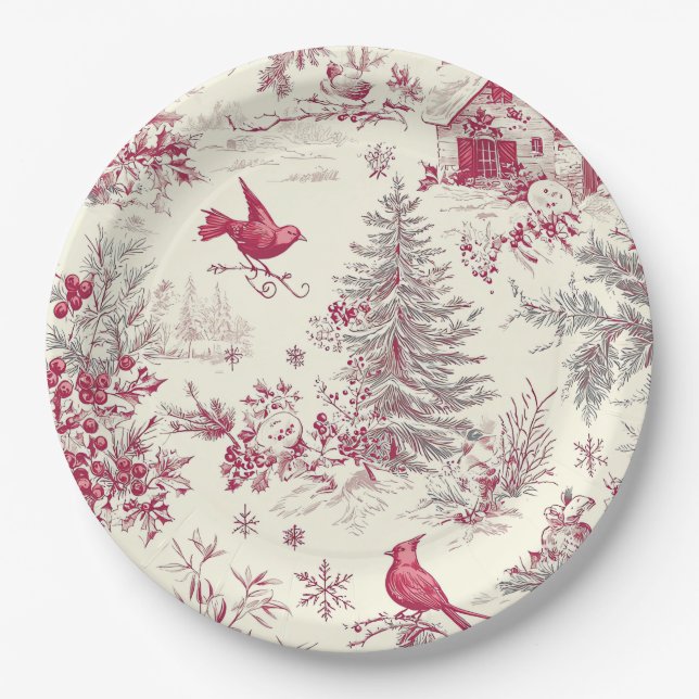 Rustic Bird and Poinsettia Christmas Pattern (17) Paper Plate (Front)