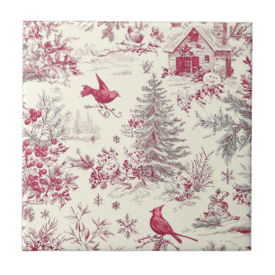 Rustic Bird and Poinsettia Christmas Pattern (17) Tile
