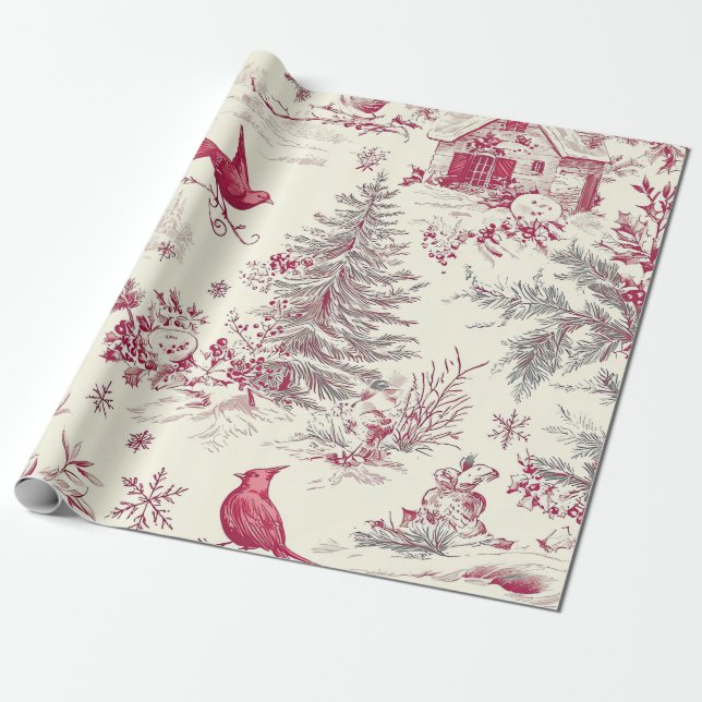 Rustic Bird and Poinsettia Christmas Pattern (17) Wrapping Paper (Unrolled)
