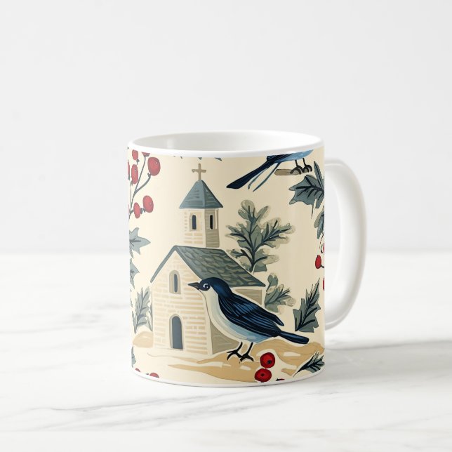 Rustic Bird and Poinsettia Christmas Pattern (18) Coffee Mug (Front Right)