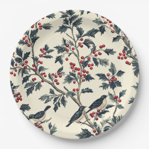 Rustic Bird and Poinsettia Christmas Pattern (18) Paper Plate
