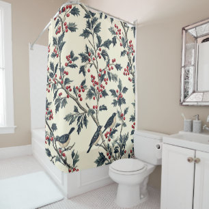 Rustic Bird and Poinsettia Christmas Pattern (18) Shower Curtain