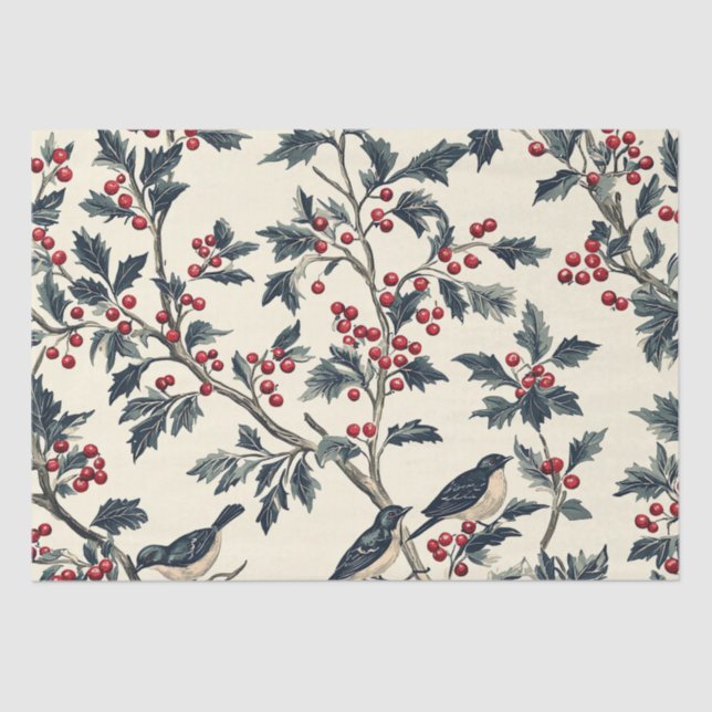Rustic Bird and Poinsettia Christmas Pattern (18) Tissue Paper (Front)