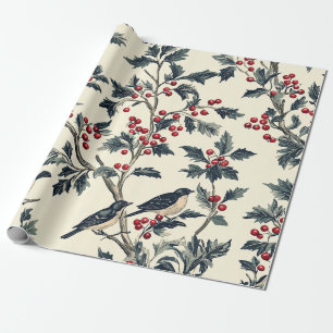 Rustic Bird and Poinsettia Christmas Pattern (18) Wrapping Paper