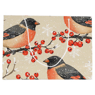 Rustic Bird and Poinsettia Christmas Pattern (20) Large Gift Bag