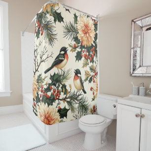Rustic Bird and Poinsettia Christmas Pattern (21) Shower Curtain