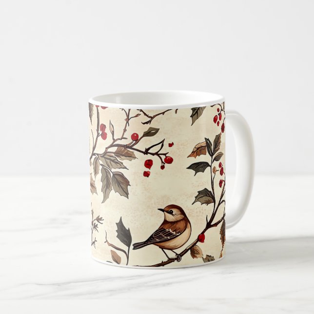 Rustic Bird and Poinsettia Christmas Pattern (22) Coffee Mug (Front Right)
