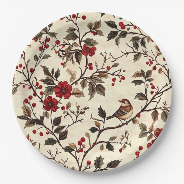 Rustic Bird and Poinsettia Christmas Pattern (22) Paper Plate (Front)