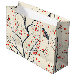 Rustic Bird and Poinsettia Christmas Pattern (2) Large Gift Bag