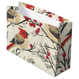 Rustic Bird and Poinsettia Christmas Pattern (3) Large Gift Bag