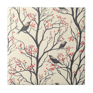 Rustic Bird and Poinsettia Christmas Pattern (4) Tile