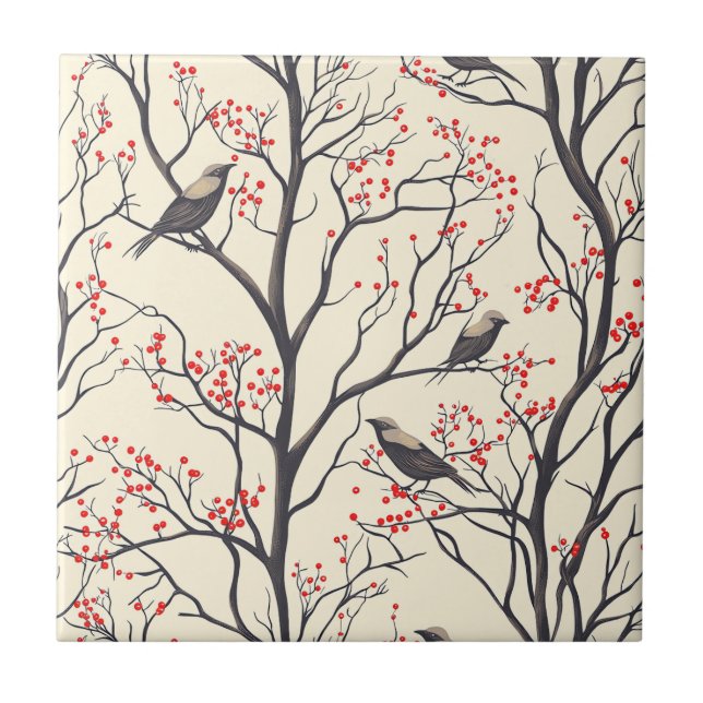 Rustic Bird and Poinsettia Christmas Pattern (4)  Tile (Front)
