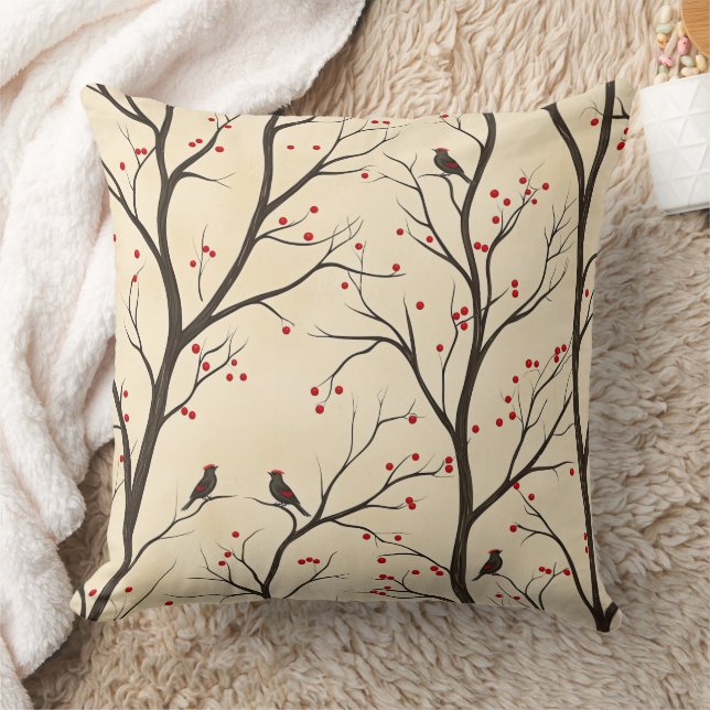 Rustic Bird and Poinsettia Christmas Pattern (5) Cushion (Blanket)