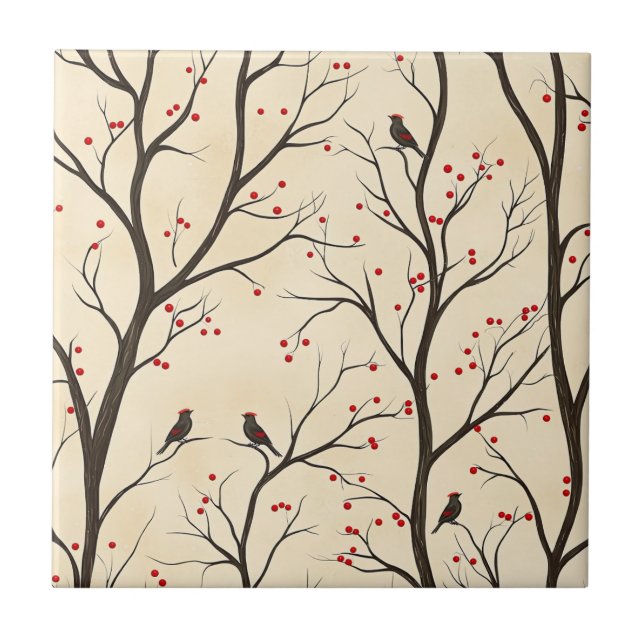 Rustic Bird and Poinsettia Christmas Pattern (5)  Tile (Front)