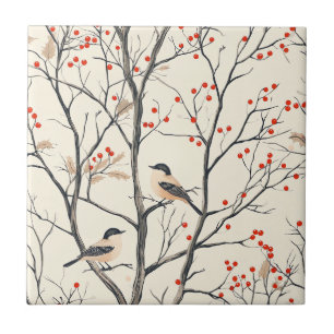 Rustic Bird and Poinsettia Christmas Pattern (6) Tile