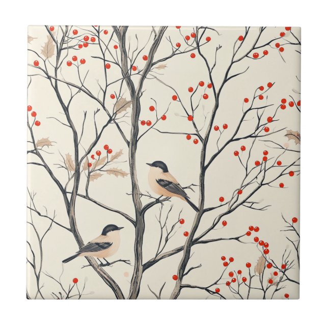 Rustic Bird and Poinsettia Christmas Pattern (6)  Tile (Front)