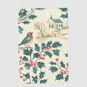 Rustic Bird and Poinsettia Christmas Pattern (7) Golf Towel