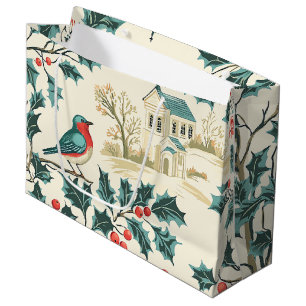 Rustic Bird and Poinsettia Christmas Pattern (7) Large Gift Bag