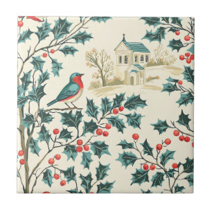 Rustic Bird and Poinsettia Christmas Pattern (7) Tile