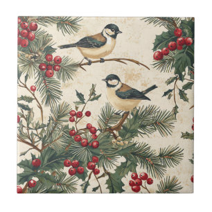 Rustic Bird and Poinsettia Christmas Pattern (8) Tile