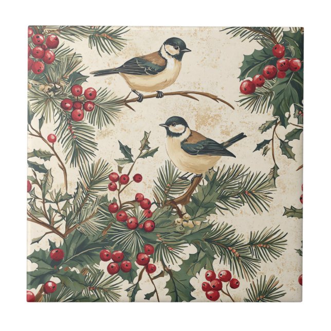 Rustic Bird and Poinsettia Christmas Pattern (8)  Tile (Front)