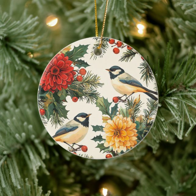 Rustic Bird and Poinsettia Christmas Pattern (9) Ceramic Tree Decoration (Tree)