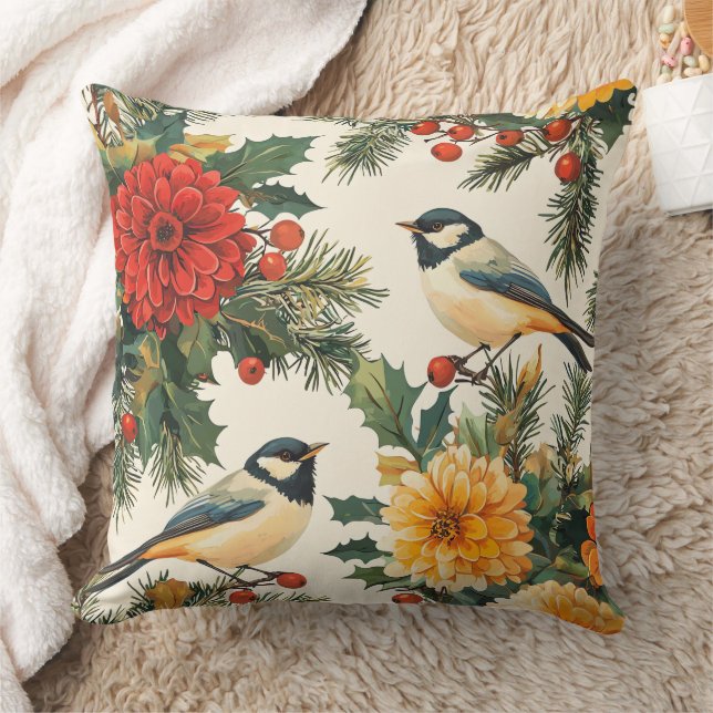 Rustic Bird and Poinsettia Christmas Pattern (9) Cushion (Blanket)